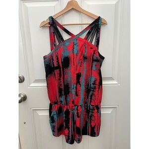 Fabletics Womens Abstract Print Mesh Strap Romper Red Teal Black Size M